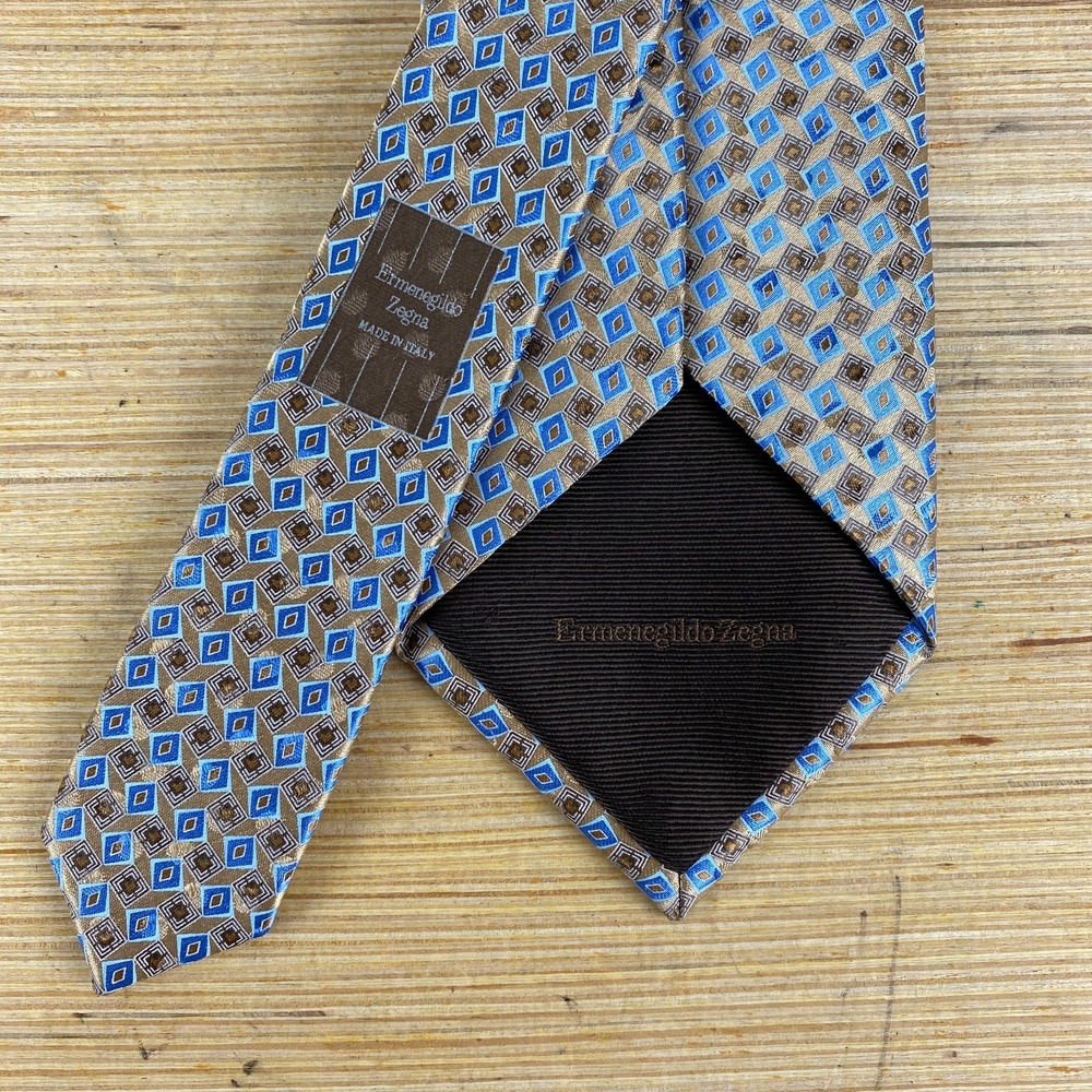 Ermenegildo Zegna Mens Silk Tie Blue Gold geometric Print Italy